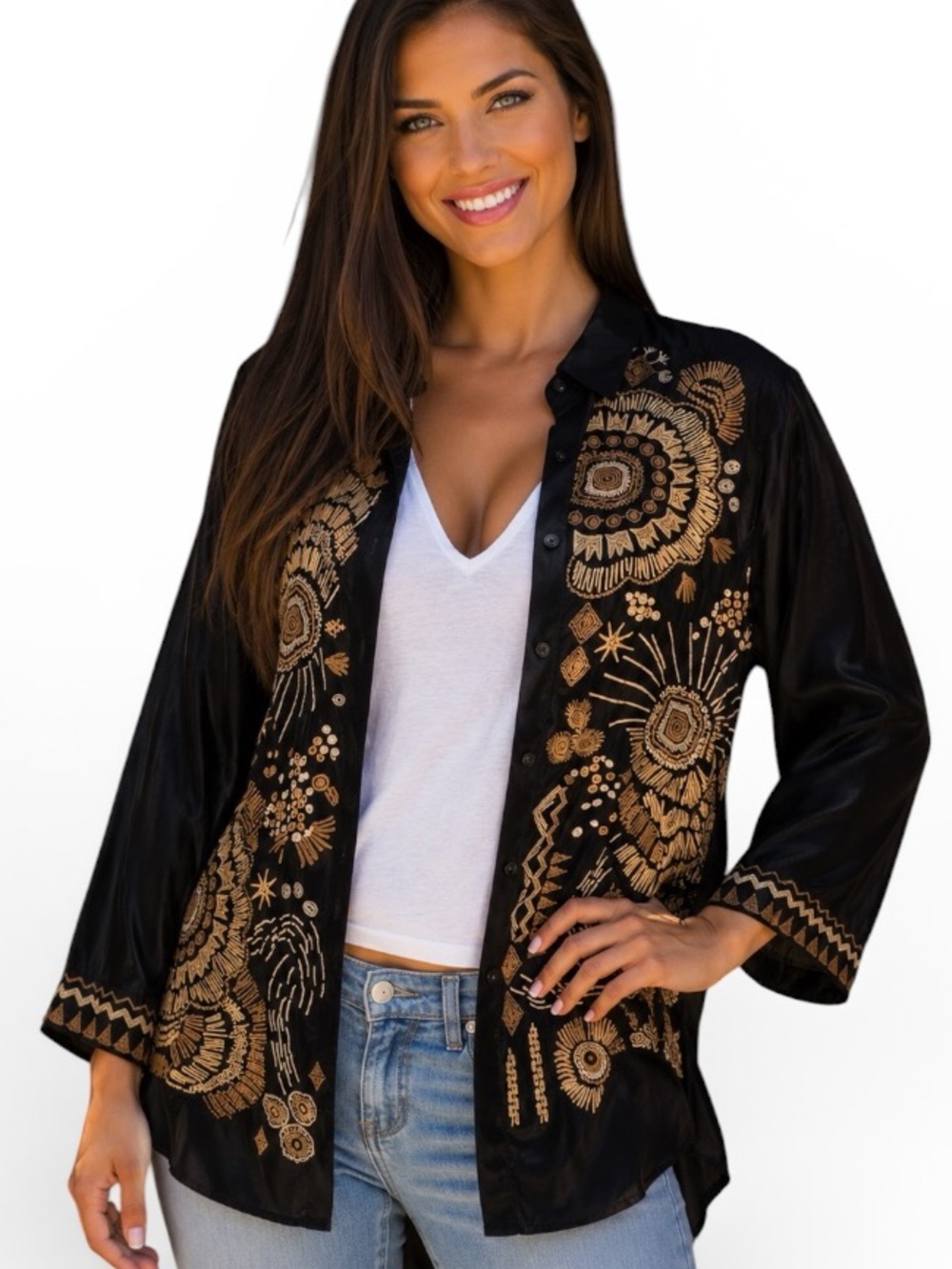 JOHNNY WAS EMBROIDERED SILK ANTONIA KIMONO SHIRT avant-garde celestial